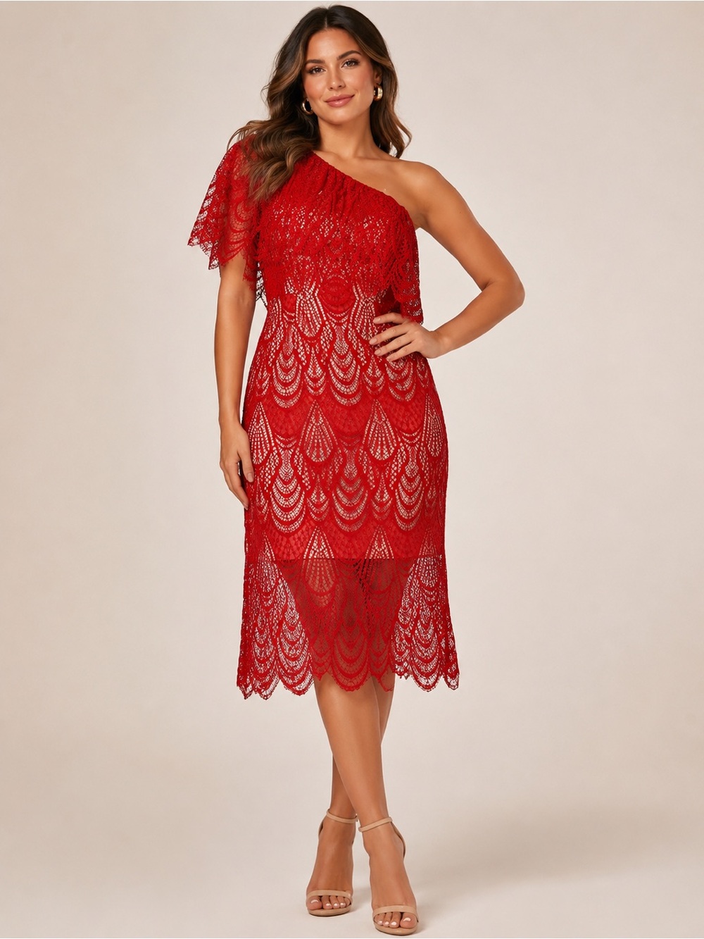 Dress The Population Lace One-Shoulder Midi Dress